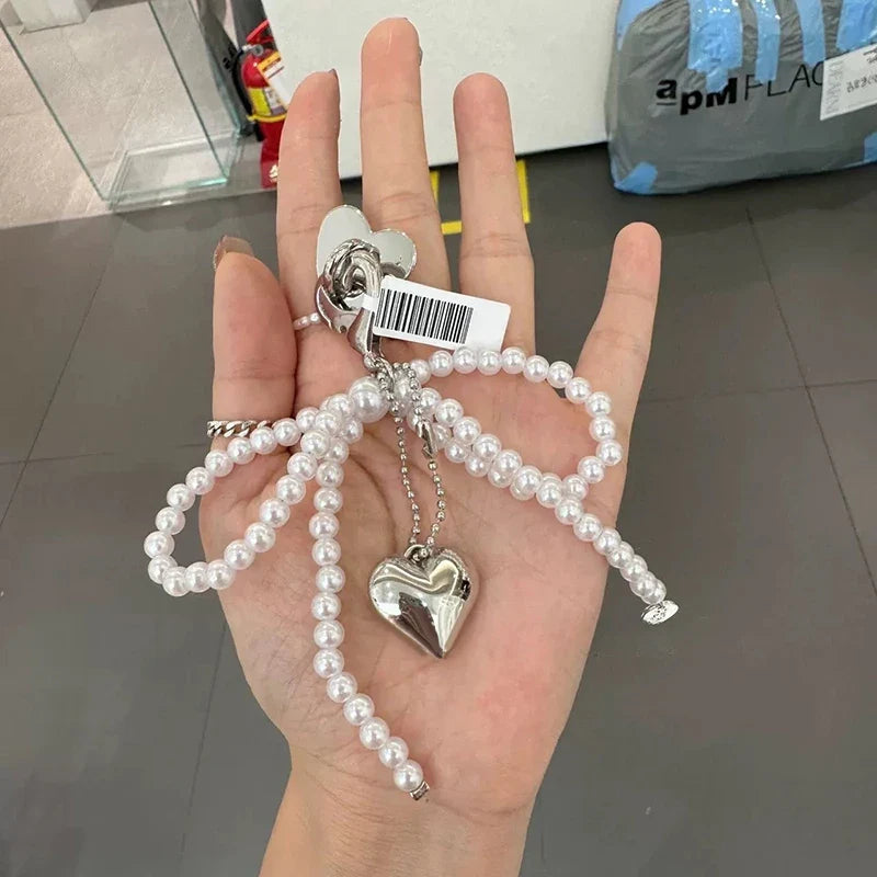 Handmade Pearl Bow Heart Keychain – Beaded Bag & Phone Charm