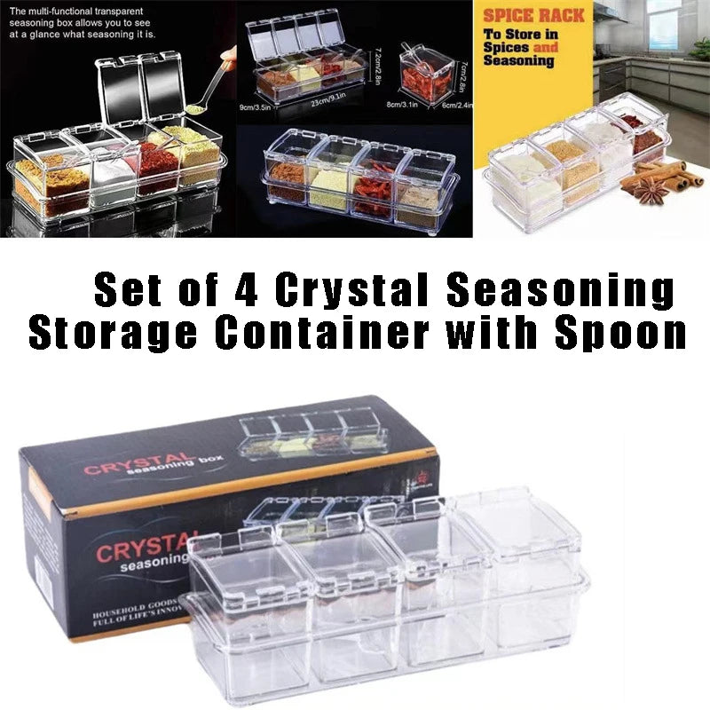 Clear Seasoning Box Set of 4 Crystal Seasoning Storage Container with Spoon Clear Seasoning Rack Spice Pots for Pepper Spice Peaceful Pleasures Health and Wellness