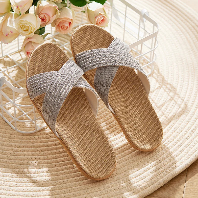 Women's Linen Cross Strap Flat Sandals | Lightweight EVA Slippers