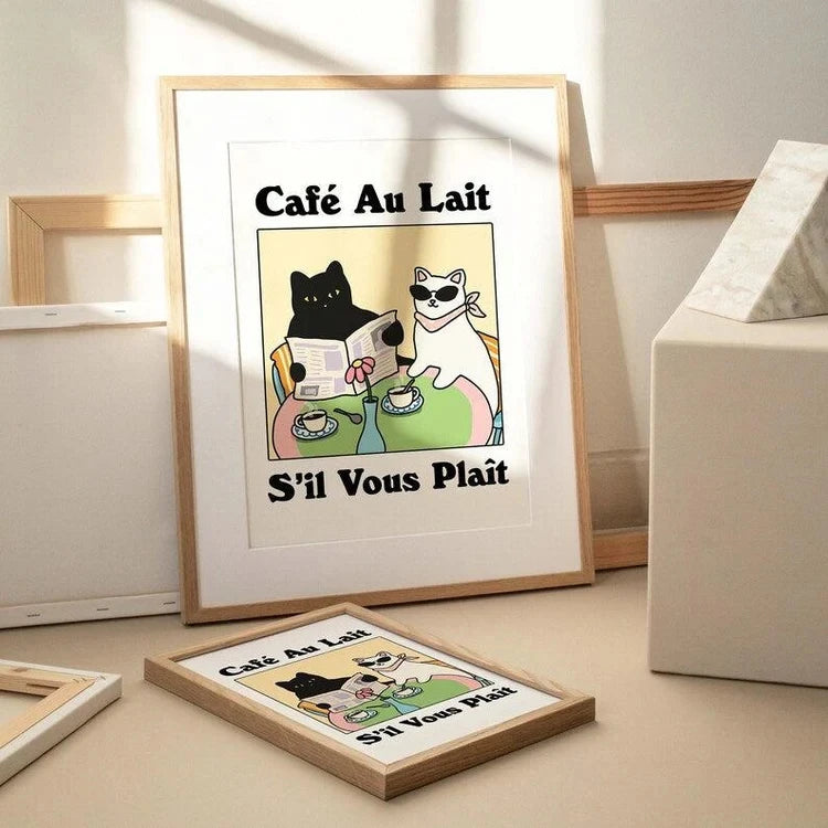 Cartoon Cat Canvas Wall Art Print | Café Au Lait Kids Room Decor
