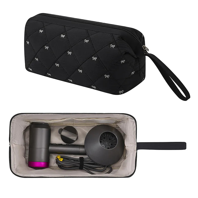 New Multi Functional Hair Dryer Storage Bag for Travel Cute Bow Embroidery Quilted Hair Tools Waterproof Zipper Cosmetic Bags Peaceful Pleasures Health and Wellness Black