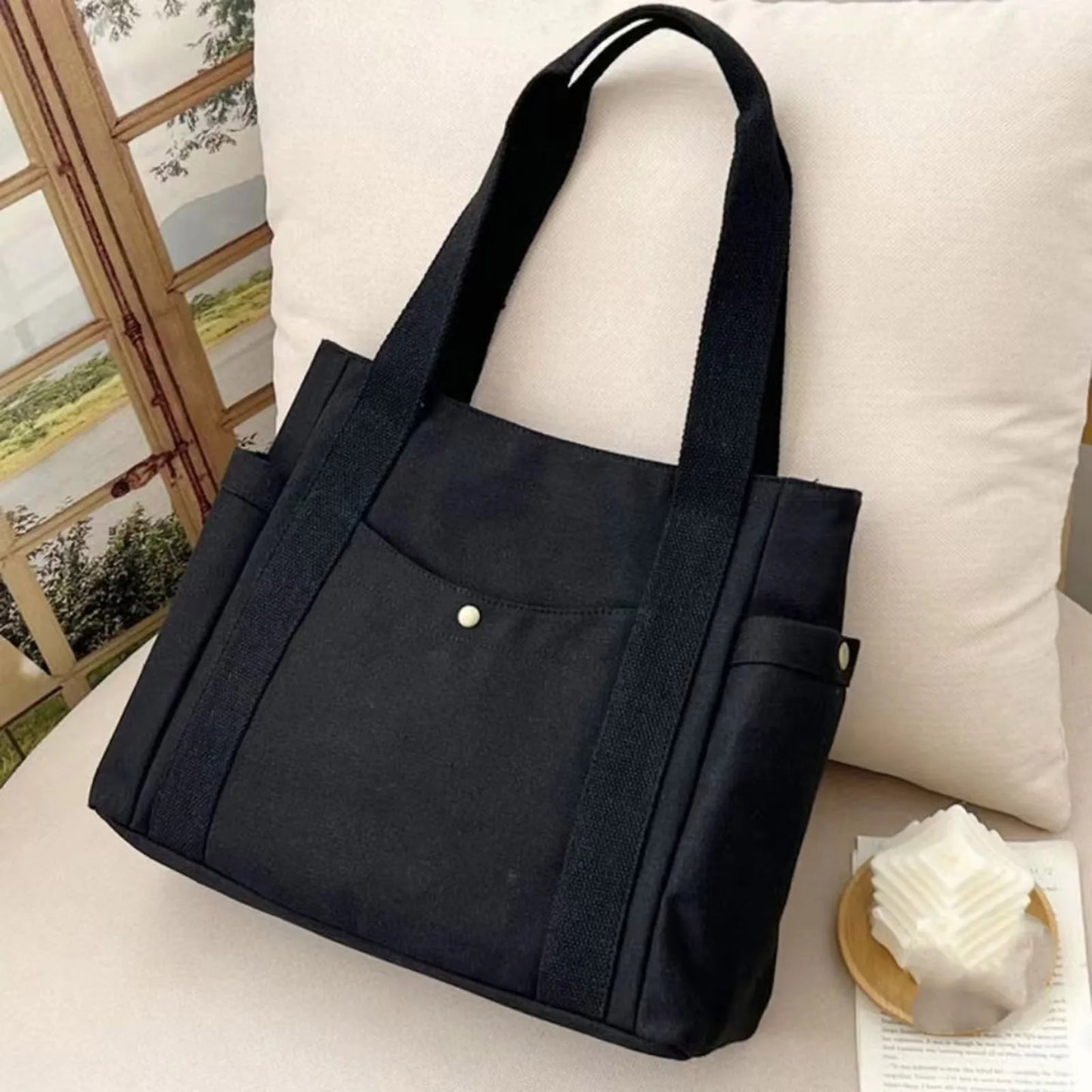 Large-Capacity Travel Tote Bag All-Match Tear-Resistant Handle Tote Bag Ideal Gift for Yourself Female Friends Peaceful Pleasures Health and Wellness Unlined style black