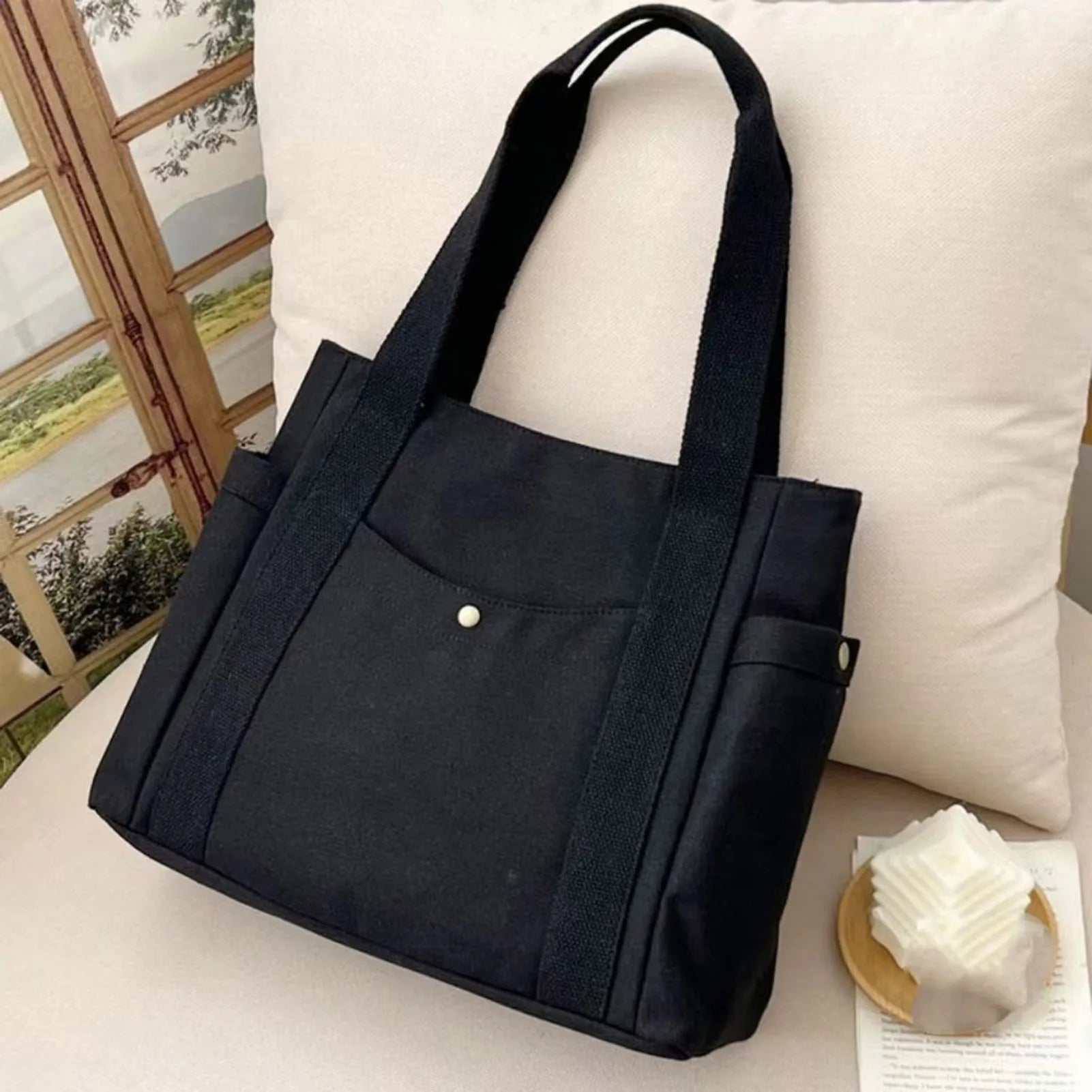Large-Capacity Travel Tote Bag All-Match Tear-Resistant Handle Tote Bag Ideal Gift for Yourself Female Friends Peaceful Pleasures Health and Wellness Unlined style black