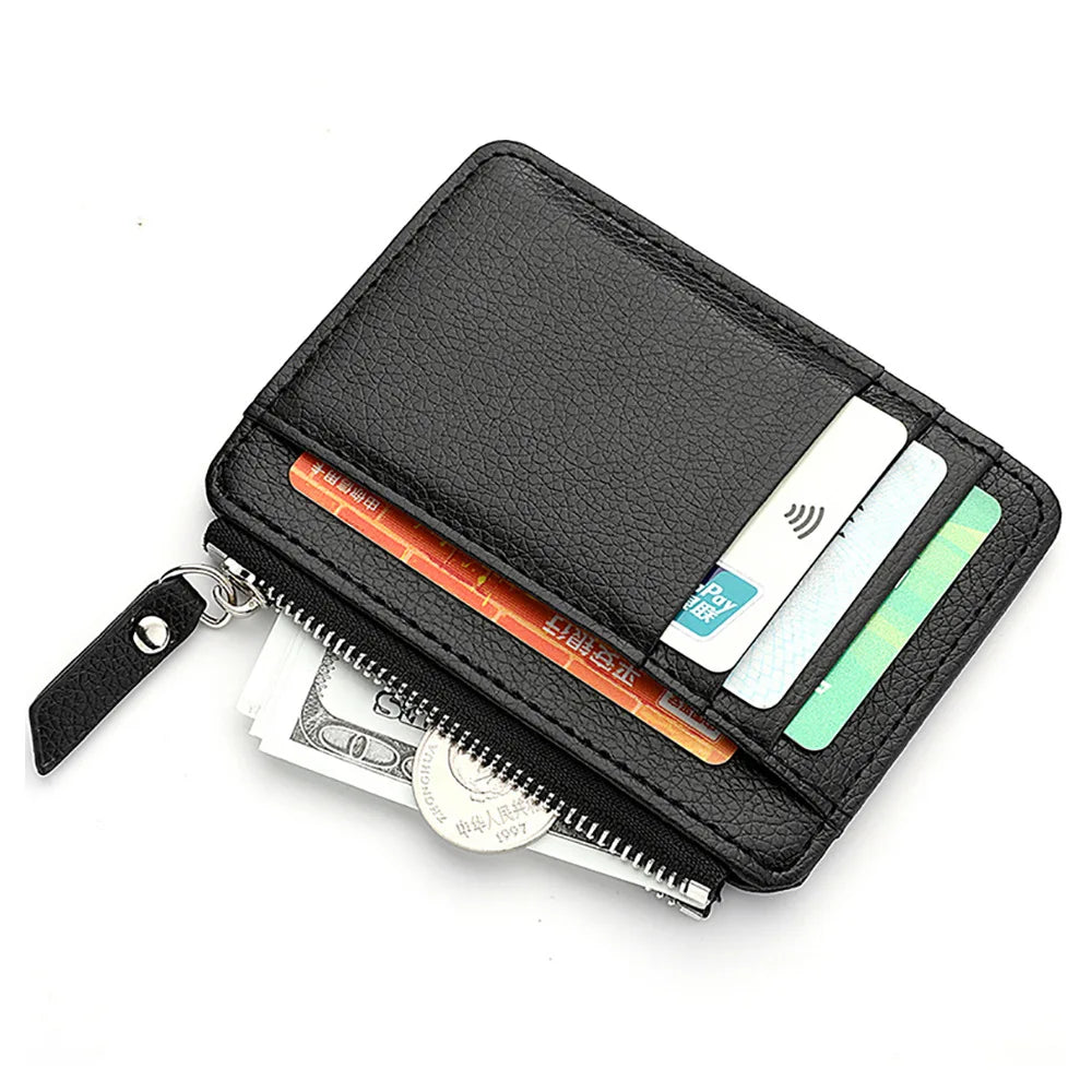 Lychee Pattern Zipper Card Holder – Slim PU Wallet