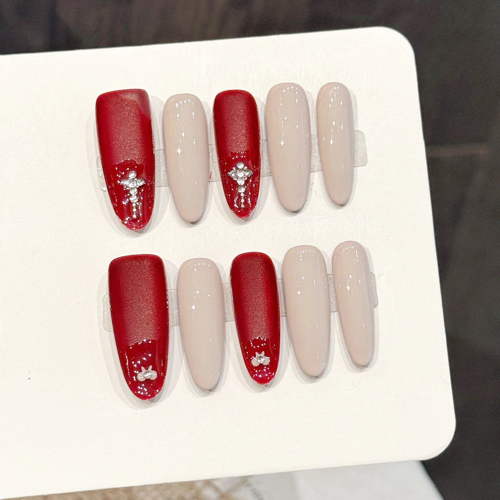 Handmade Almond Press-On Nails | Red Nude Velvet – 10pcs Set Press-On Nails Peaceful Pleasures Health and Wellness