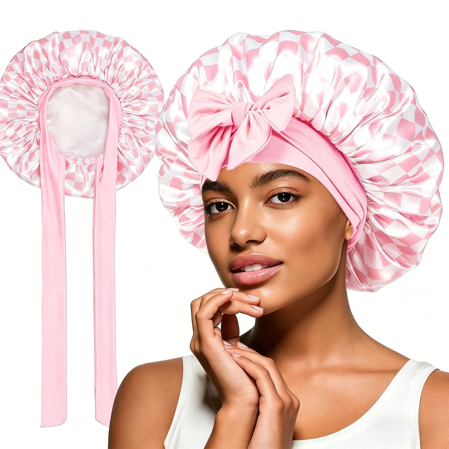 Satin Sleep Bonnet for Women – Cherry Print Lace-Up Hair Cap