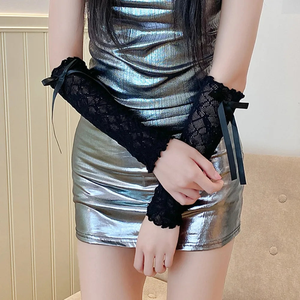Kawaii Lace Ruffle Arm Sleeves – Fishnet Fingerless Gloves