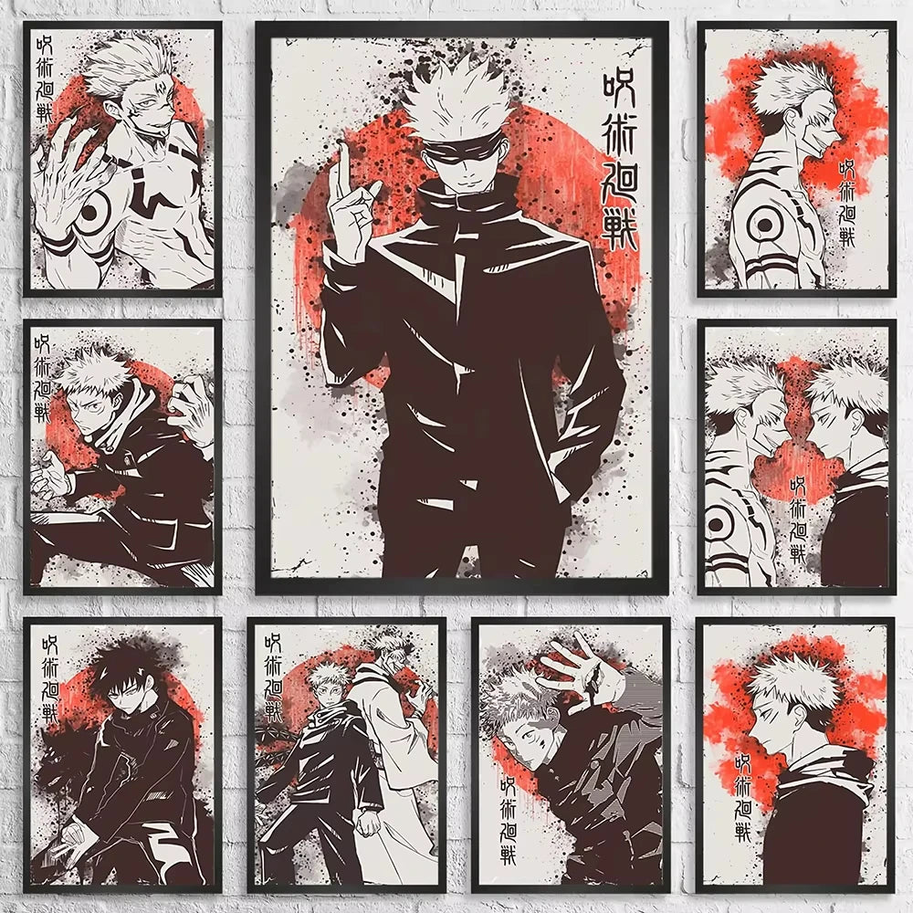 Jujutsu Kaisen Retro Canvas Poster, Japan Anime Figure Itadori Yuji Gojo Satoru Fushiguro Toji Wall Decor for Room Home & Gift Peaceful Pleasures Health and Wellness