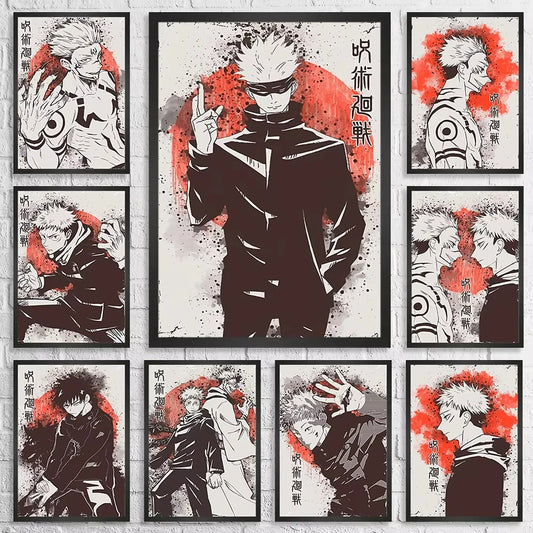 Jujutsu Kaisen Retro Canvas Poster, Japan Anime Figure Itadori Yuji Gojo Satoru Fushiguro Toji Wall Decor for Room Home & Gift Peaceful Pleasures Health and Wellness