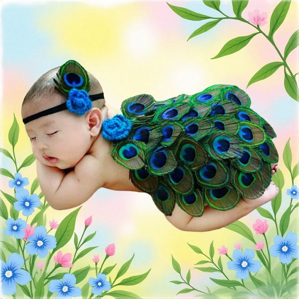 2pcs/ Peacock Costume Halloween Outfit Newborn Photography Prop with Feather Wings for Infant Girl Boy 1st Birthday Photo Shoot Peaceful Pleasures Health and Wellness