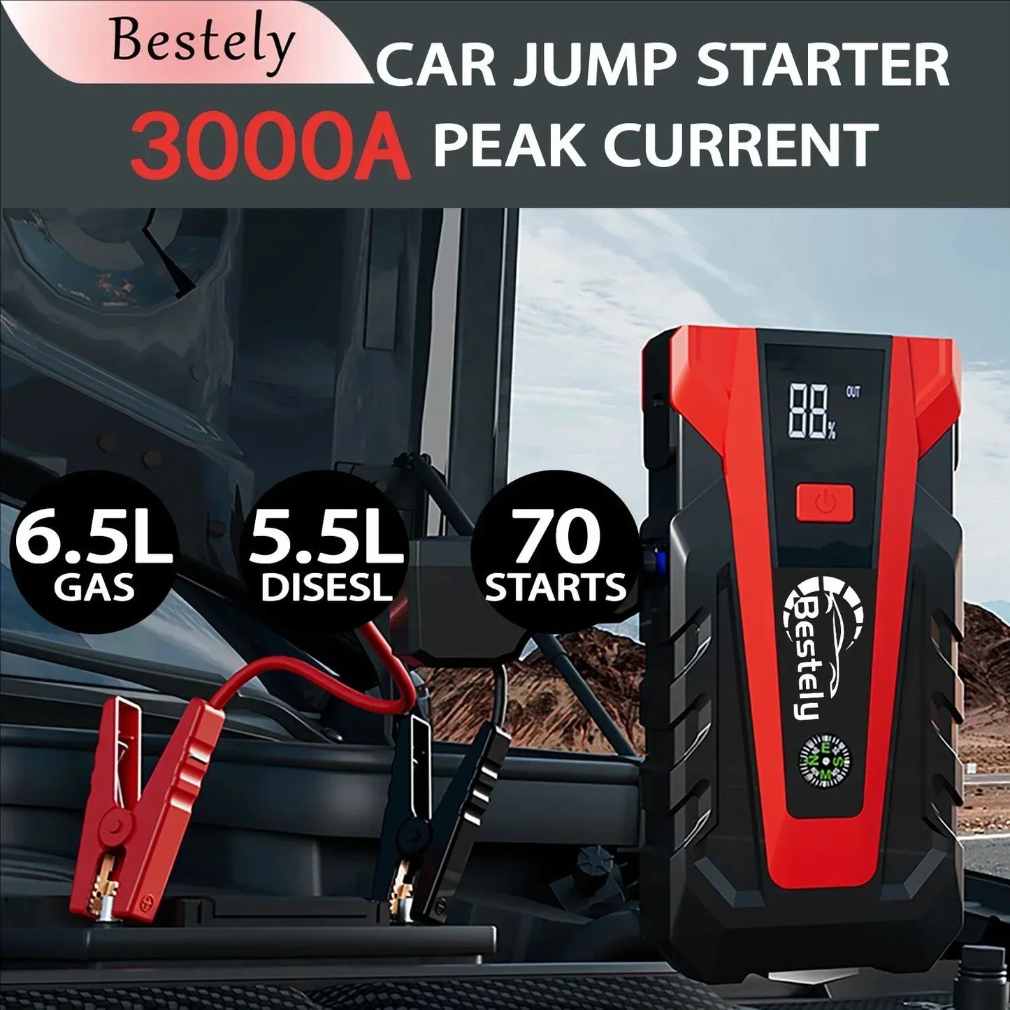 Bestely 12V 99800mAh 3000A Car Jump Starter Car Battery Starters Portable Power Bank 12V Starting Device Petrol Diesel Car Peaceful Pleasures Health and Wellness