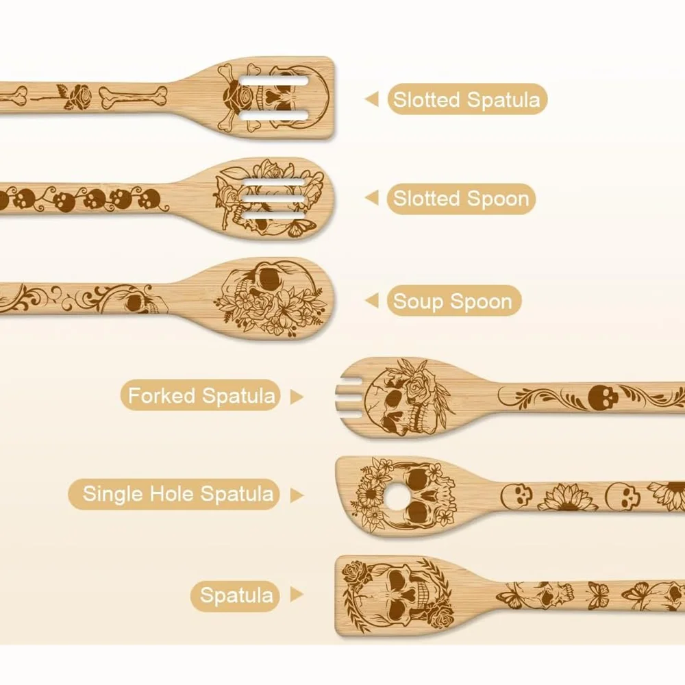 Skeleton Bamboo Cooking Utensils | Gothic Engraved 6-Piece Set Kitchen Utensil Set Peaceful Pleasures Health and Wellness