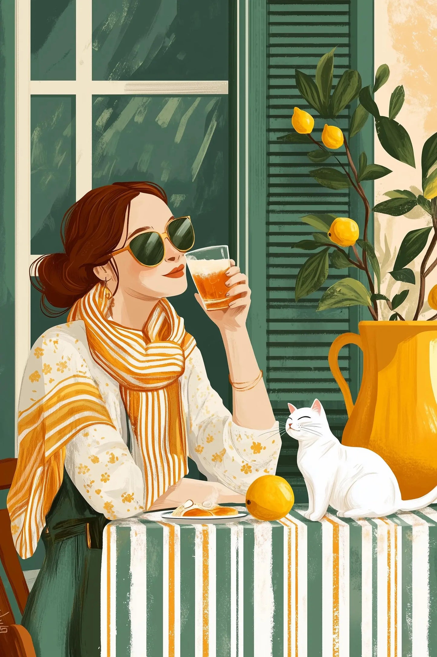 Italian Summer Woman Aperol & Lemon Tree Watercolor Canvas Art