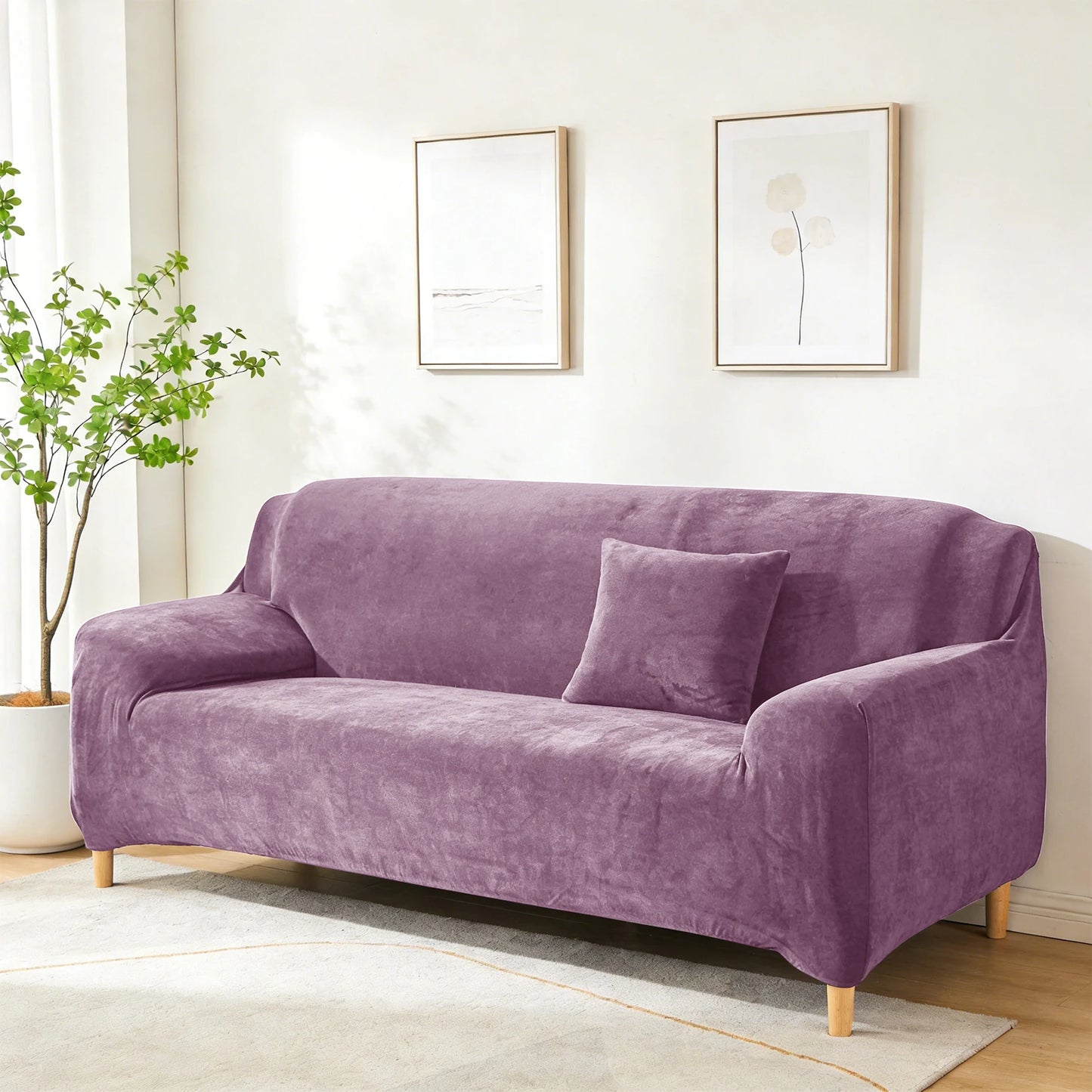 New Velvet Plush Stretch Sofa Slipcover Non Slip Soft Couch Loveseat Covers Furniture Protector with Elastic Bottom for Kids Pet Peaceful Pleasures Health and Wellness Purple 4 Seat ( 225-290cm)