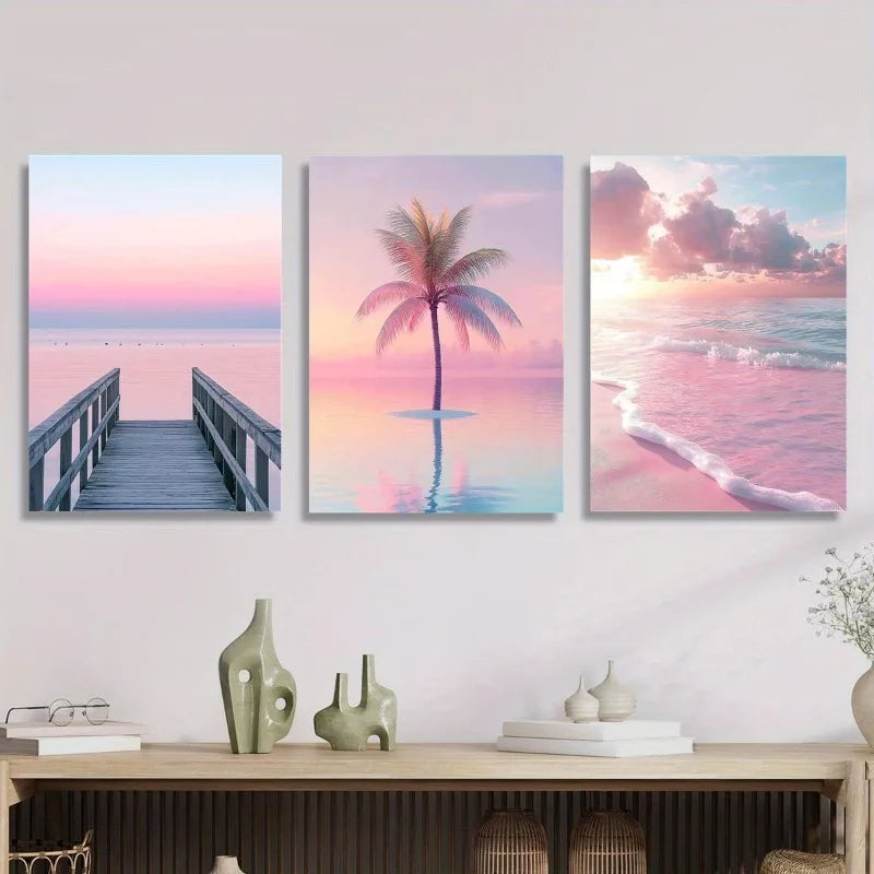 3-Piece Pink Sunset Beach Canvas Wall Art | Tropical Decor Canvas Wall Art Set Peaceful Pleasures Health and Wellness