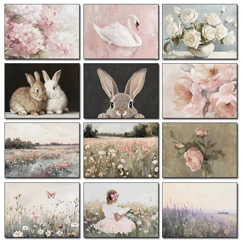 Vintage Spring Wildflowers Canvas Wall Art – Roses & Swans