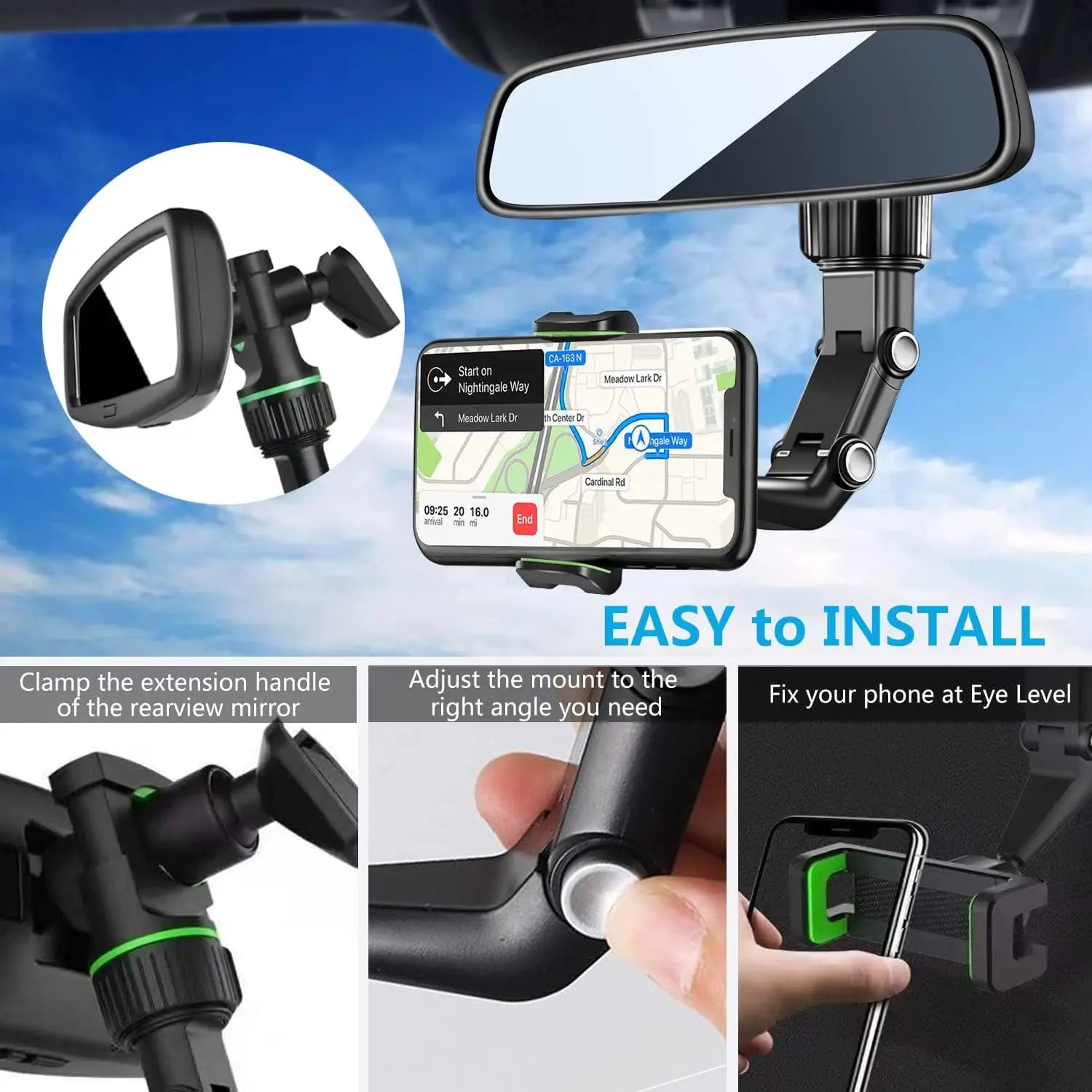 Rearview Mirror Phone Holder 360° Rotatable and Retractable Car Phone Mount Multifunctional Rear View Mirror Holder for All Car Peaceful Pleasures Health and Wellness