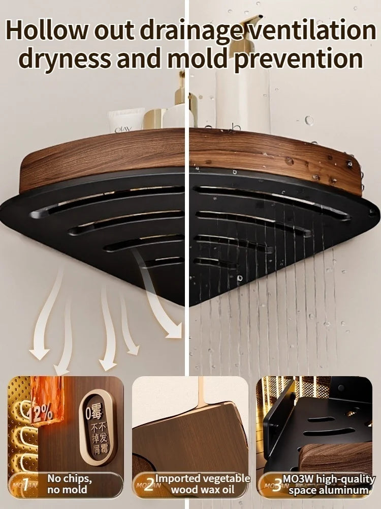 Wood & Aluminum Wall-Mounted Corner Shelf – Bathroom Organizer