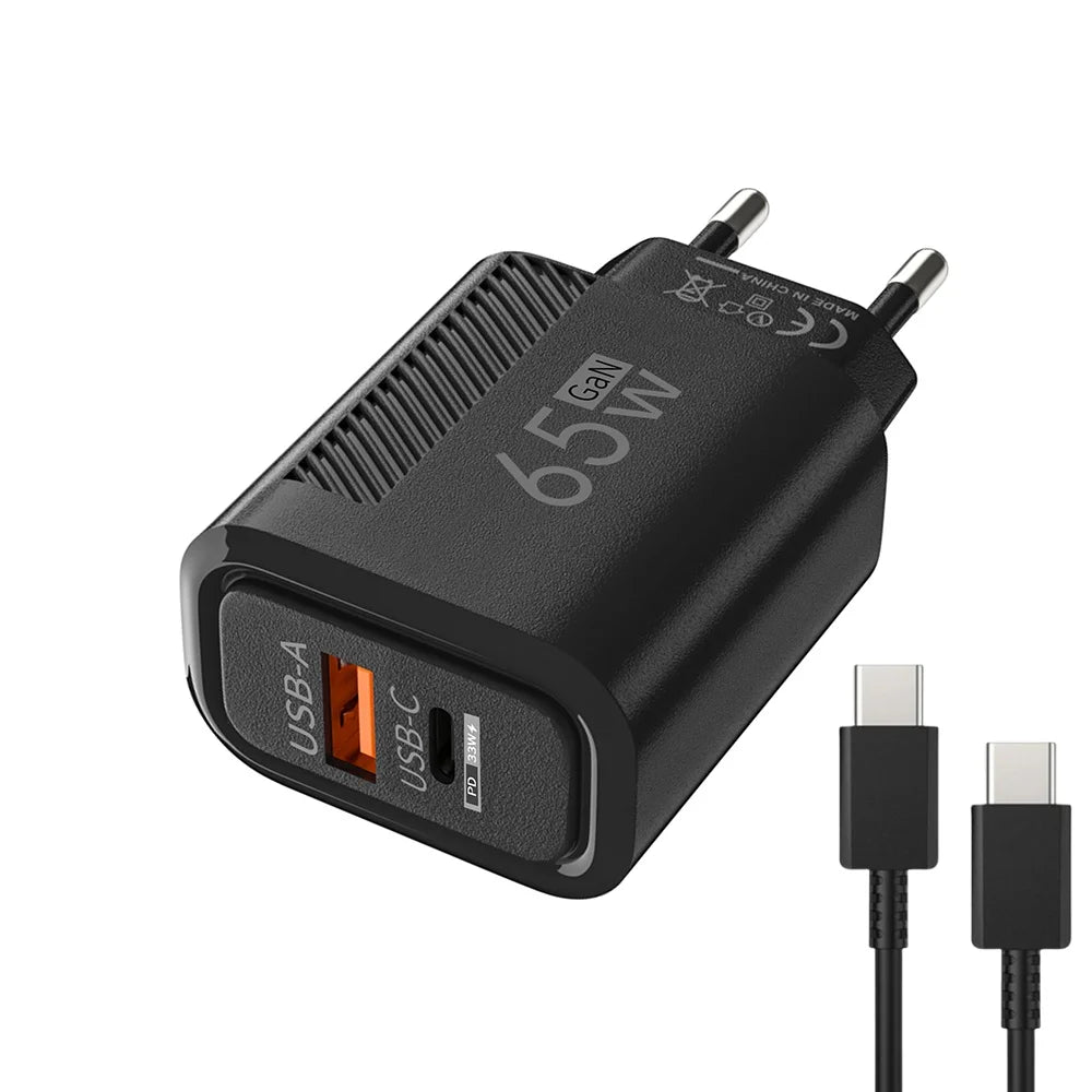 65W GaN Fast Charger PD QC3.0 Dual Port USB Wall Adapter EU US Plug Compatible with iPhone Samsung Xiaomi Tablets Travel Charger Peaceful Pleasures Health and Wellness EU Black 1M Cable
