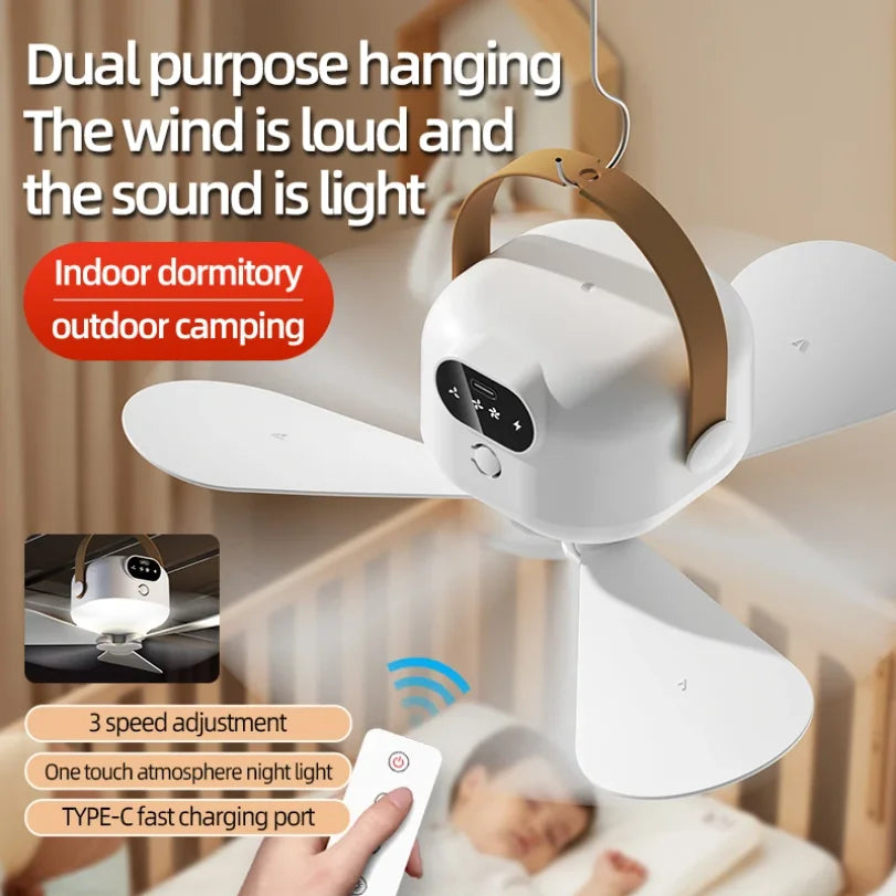 Portable Camping Tent Ceiling Fan 8000mAh Rechargeable + Remote