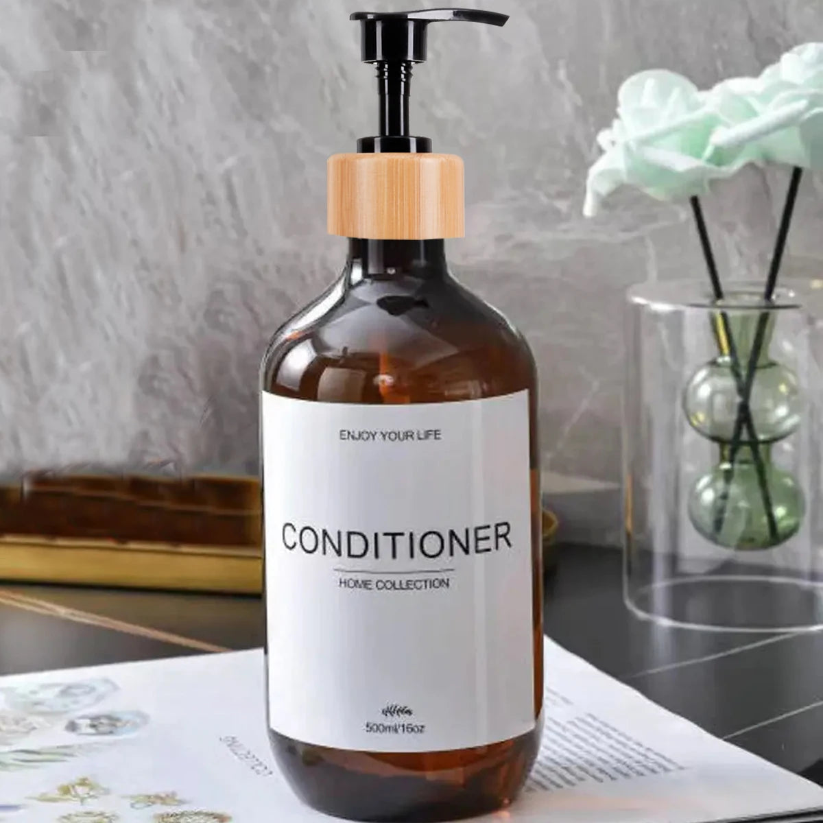 Bathroom Shampoo Dispenser Set 500ml Conditioner Body Wash Bottles Refillable Dispenser Farmhouse Decoration Storage Bottles Peaceful Pleasures Health and Wellness Brown-C