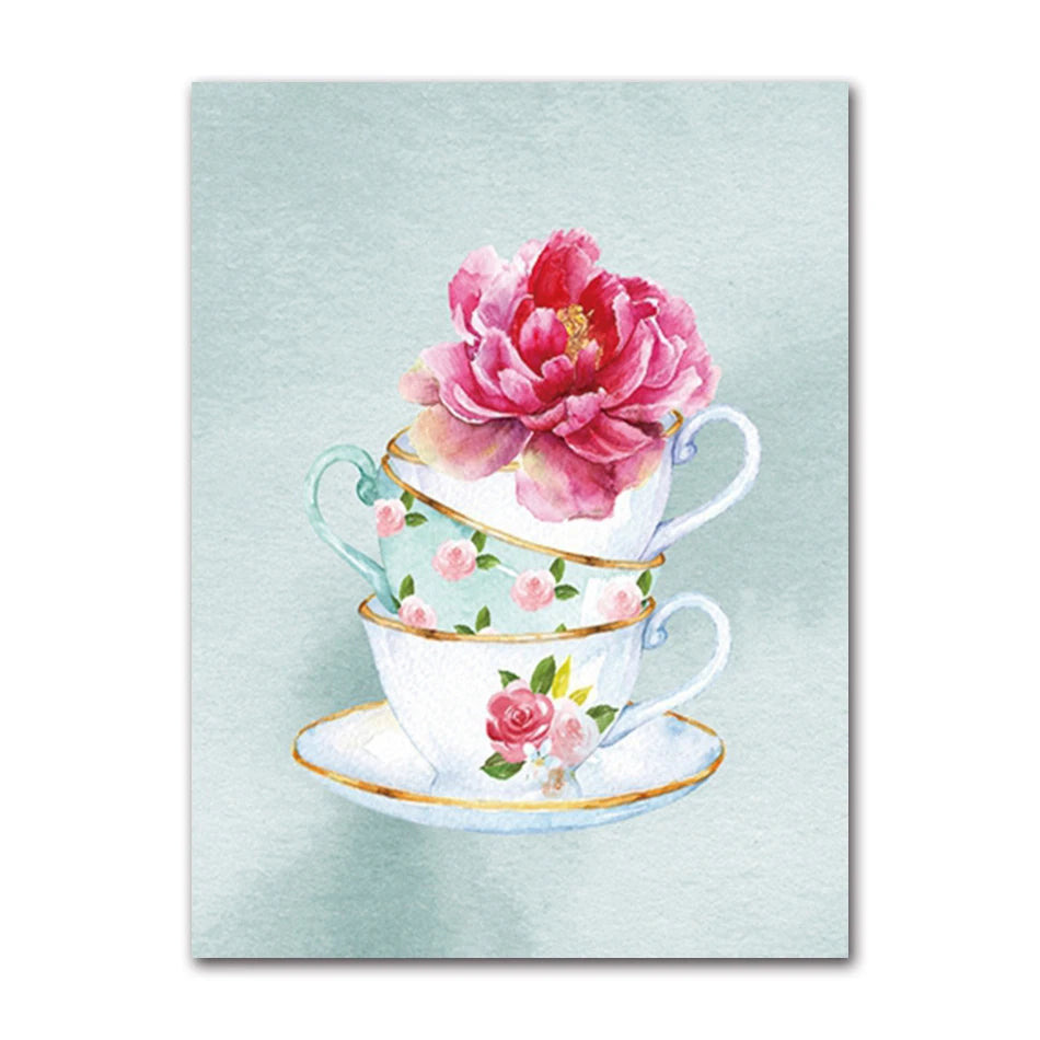Vintage Teacup Watercolor Art Print, Blue Willow Chinese Teacup Oil Painting Mural Poster for Home Decor Peaceful Pleasures Health and Wellness T82138-07 20x30cm Unframed
