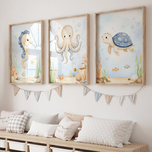 3-Piece Cartoon Octopus & Seahorse Canvas Wall Art Print Set Canvas Wall Art Set Peaceful Pleasures Health and Wellness GP116-3pcs 60x80cm Unframed