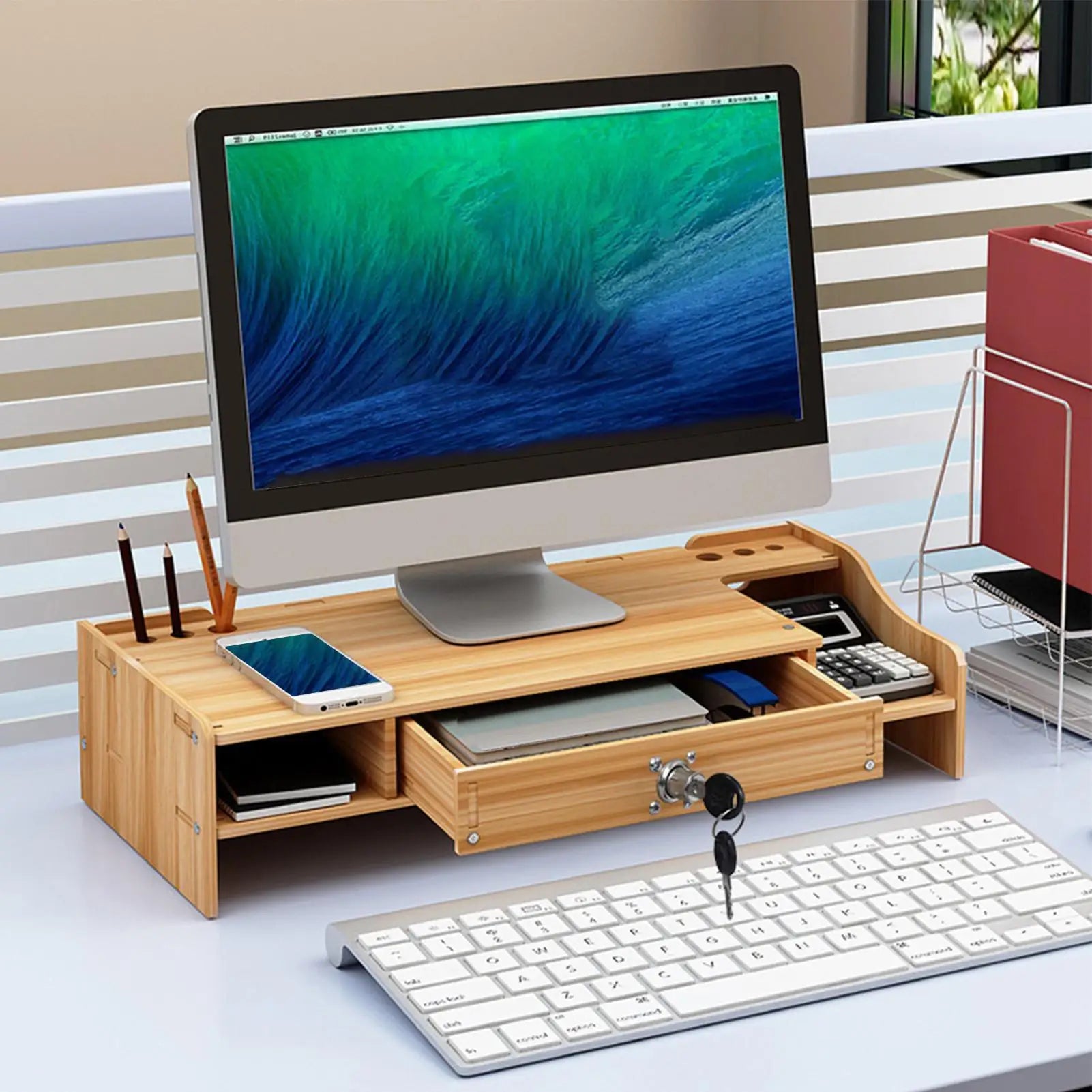 Monitor Stand For Desk Wooden Desktop Organizer Shelf With Drawer Desk Shelf Organizer For Laptop Printer PC TV Screen Pen Home Peaceful Pleasures Health and Wellness