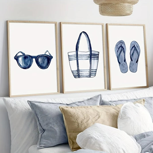 3pcsModern Blue Summer Glasses, Beach Bags, Flip-Flop Wall Art Print Canvas Painting Poster Picture For Living Room Home Decor Peaceful Pleasures Health and Wellness G5343-3pcs 40x60cm Unframed