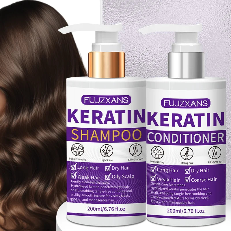 Keratin Shampoo and Conditioner Set, Professional Repairing & Smoothing Treatment for Dry Damaged Hair Anti-Frizz Hydrating Gift Peaceful Pleasures Health and Wellness Damage Repaired