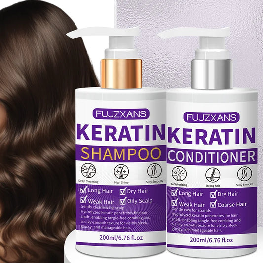 Keratin Shampoo and Conditioner Set, Professional Repairing & Smoothing Treatment for Dry Damaged Hair Anti-Frizz Hydrating Gift Peaceful Pleasures Health and Wellness Damage Repaired