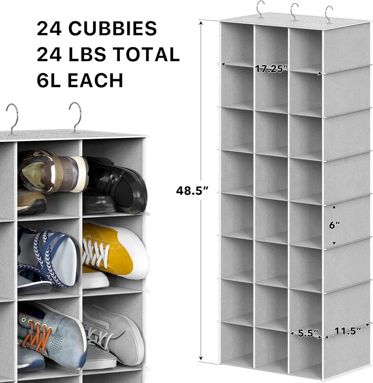 24-Section Hanging Shoe Organizer for Closet, Gray - Space-Saving Storage Solution Peaceful Pleasures Health and Wellness