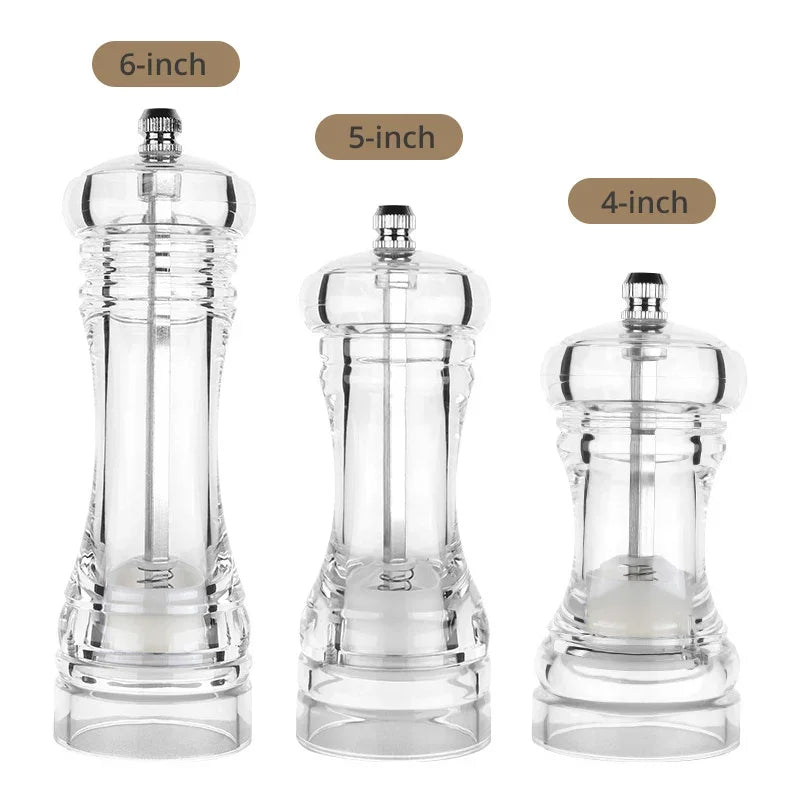 Acrylic Combo Pepper Mill & Salt Shaker | Adjustable Ceramic Grinder, Clear Transparent Body