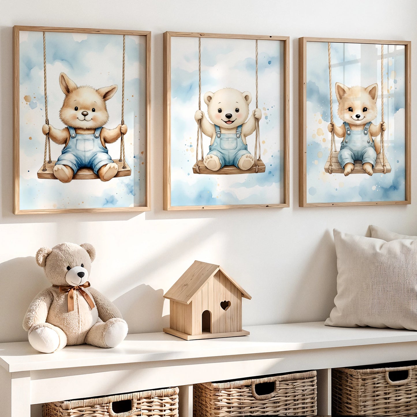 Cartoon Animals Watercolor Canvas Wall Art for Kids Room Decor