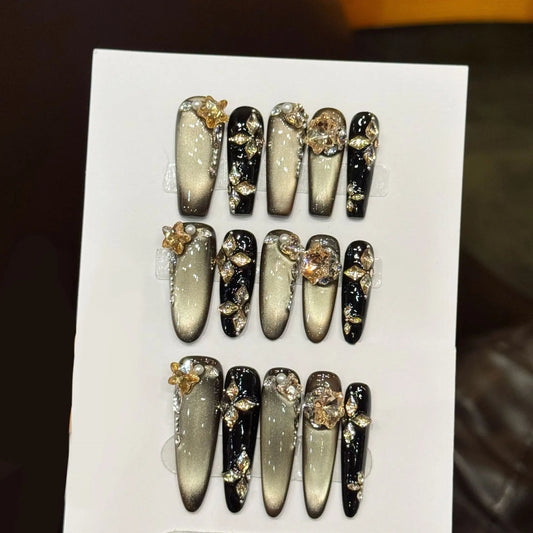 10pcs Handmade Press On Nails Retro Maillard Fake Nails Wearable Light Luxury Diamond Decor Flash Gold Cat's Eye False Nails Tip Peaceful Pleasures Health and Wellness