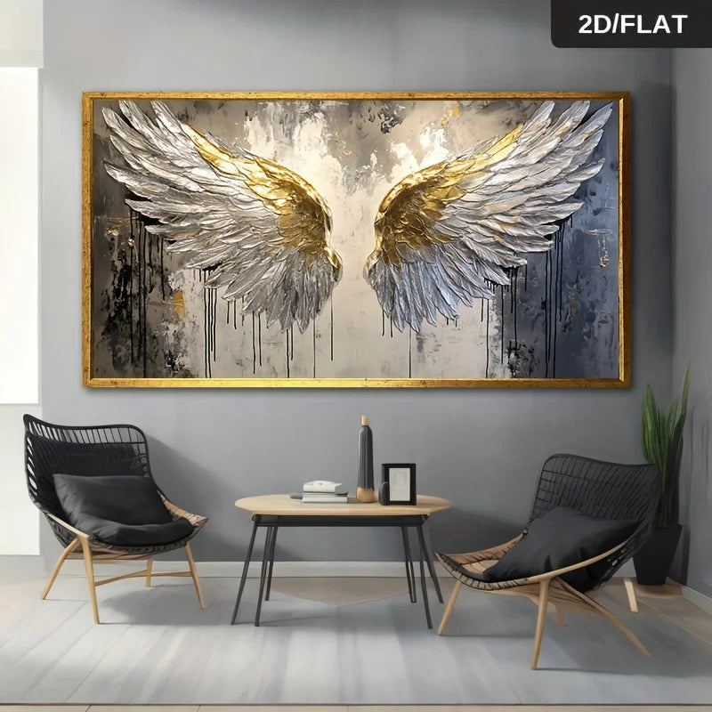 1pc Frameless Modern Abstract Golden Angel Wings Canvas Art Textured Metallic Golden Leaf & Dark Abstract Background Wall Decor Peaceful Pleasures Health and Wellness