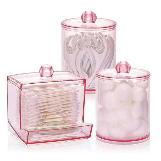 3pc Qtip Dispenser & Apothecary Jar Organizer Set – Bathroom Storage for Cotton Swabs, Balls & Round Pads (10/7 oz) Peaceful Pleasures Health and Wellness pink 3pcs