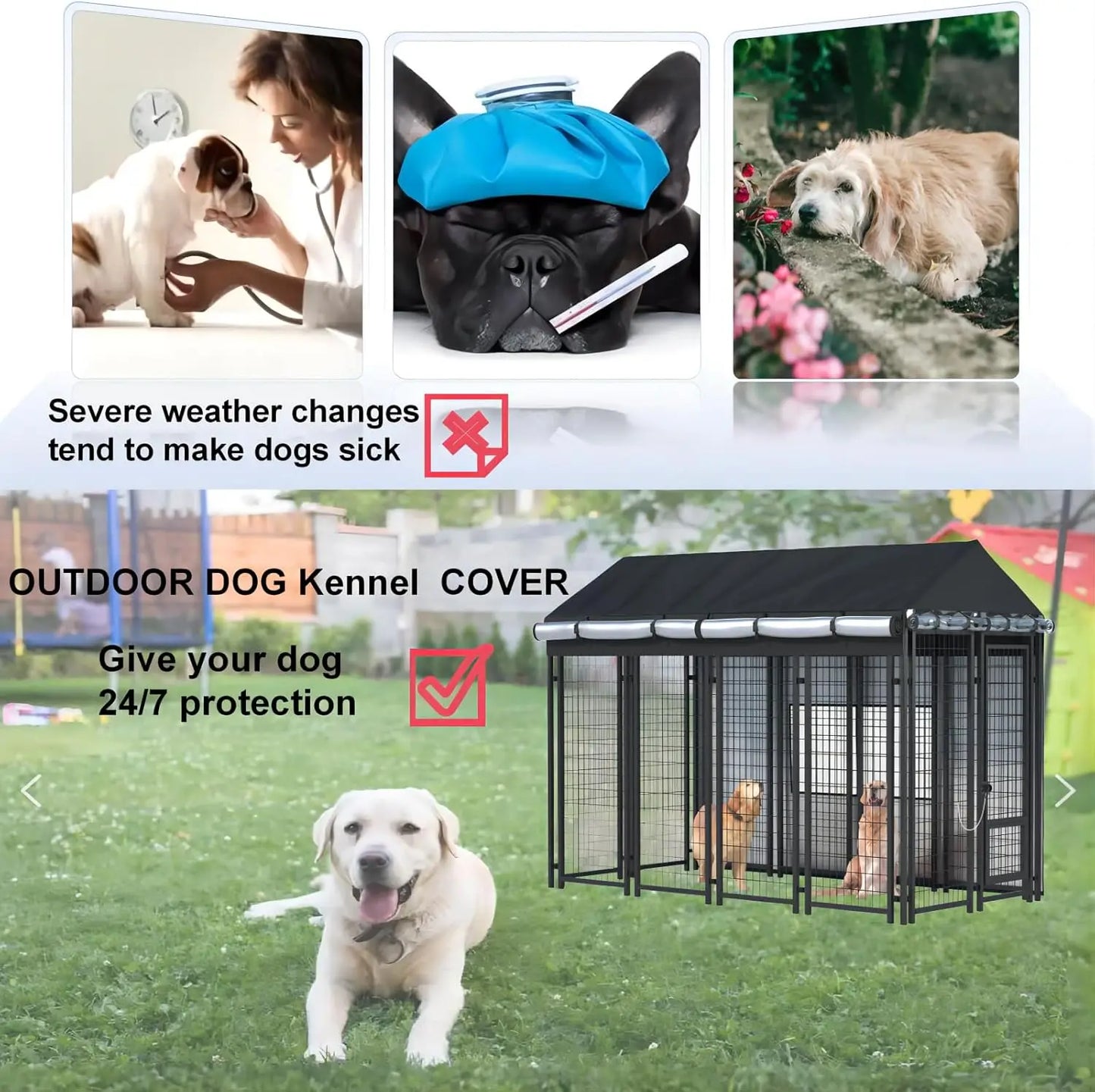 Outdoor dog kennel cover with images of dogs and text about weather protection.