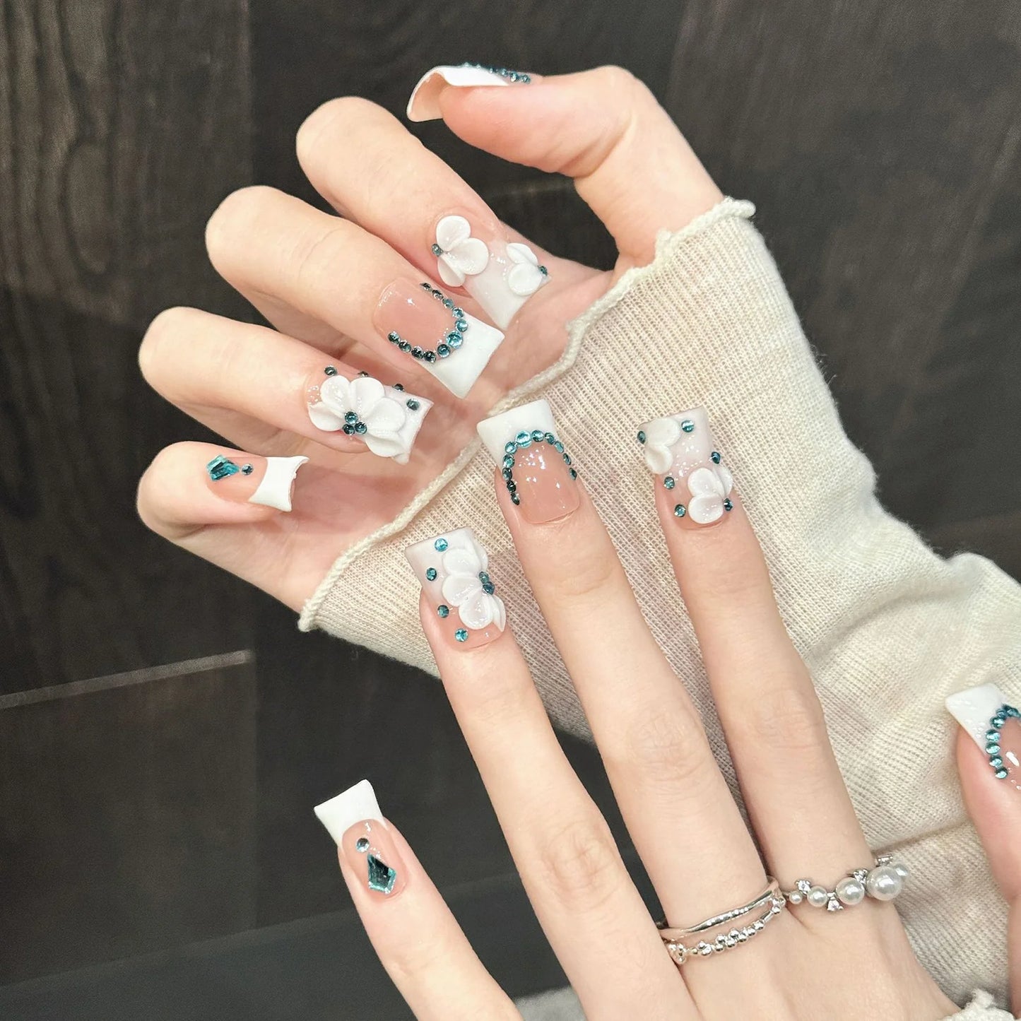 3D Carved Flower Press On Nails | Blue Pink Gradient & Rhinestone
