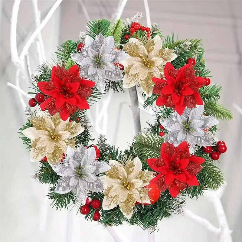 Glitter Artificial Christmas Flowers with Clips – Xmas Tree Decor