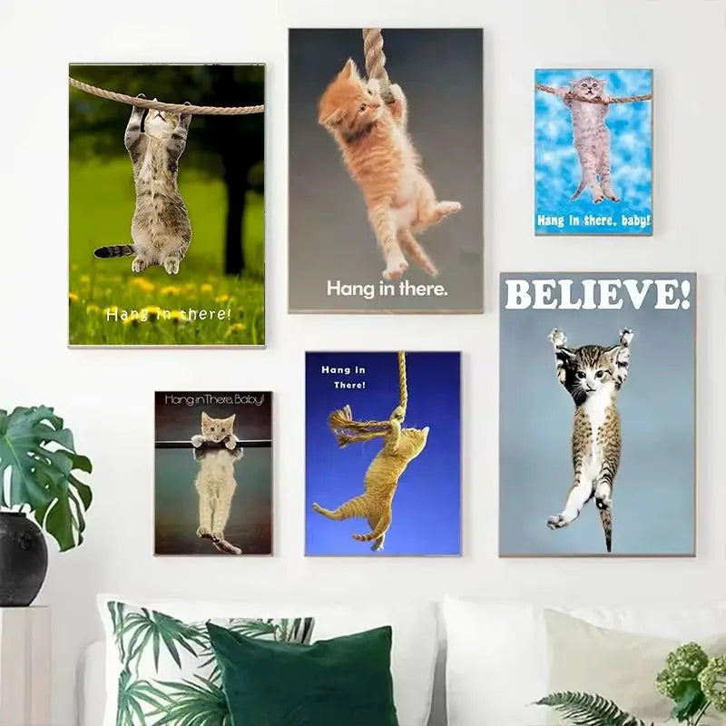 Cute Cat Yoga Canvas Wall Art | Hang In There Pet Poster