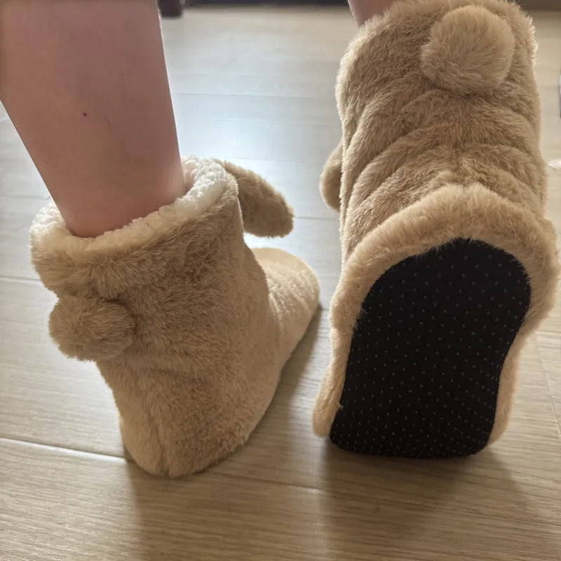 Women's Rabbit Ear Fuzzy Plush Slipper Boots | Warm Indoor Shoes