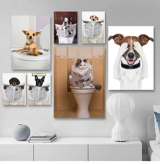 Funny Animal Dog Read Newspaper Oil Painting on Canvas Wall Art Poster Prints Wall Art Picture for Bathroom Toilet Decoration Peaceful Pleasures Health and Wellness