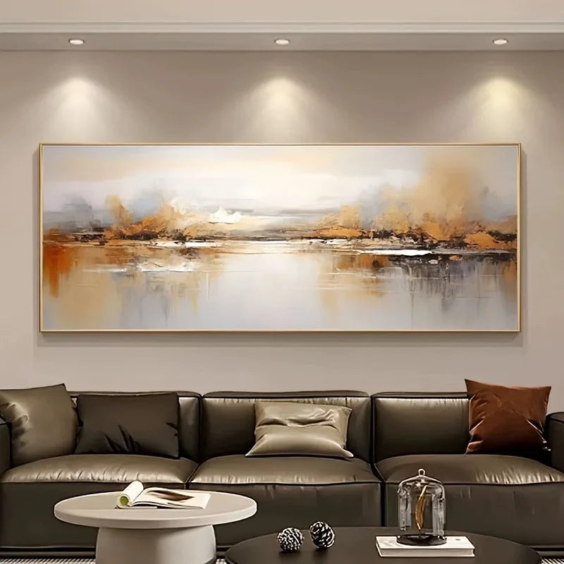Large Modern Abstract Serene Landscape Calm Waters, Majestic Hills, Misty Mountains, Frameless Wall Art for Living Room Decor Peaceful Pleasures Health and Wellness
