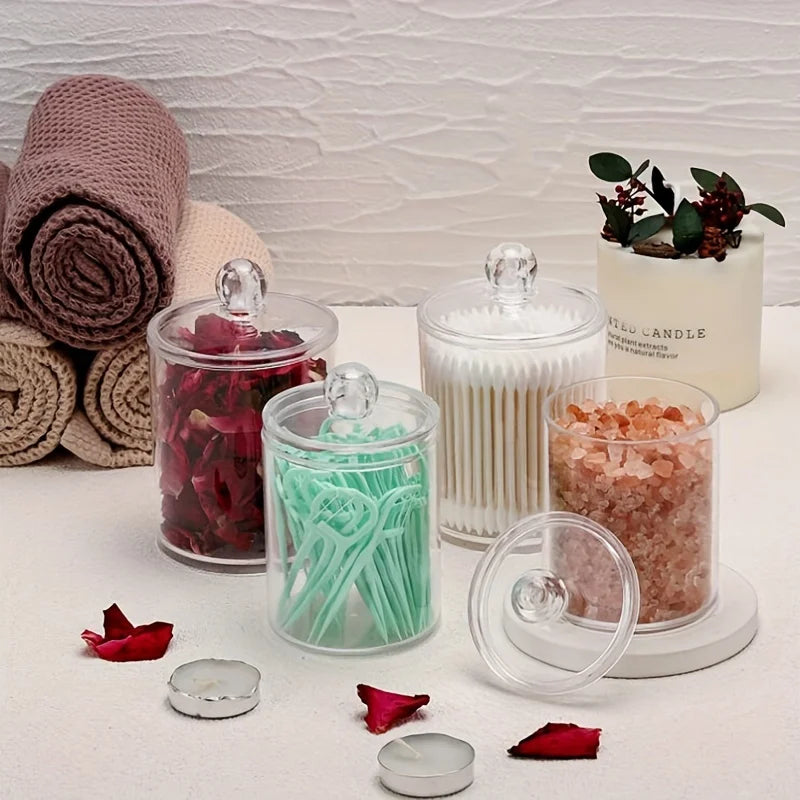 4 Pack Qtip Holder 12 oz, 10 oz Restroom Bathroom Organizers and Storage Containers, Clear Plastic Apothecary Jars with Lids Peaceful Pleasures Health and Wellness