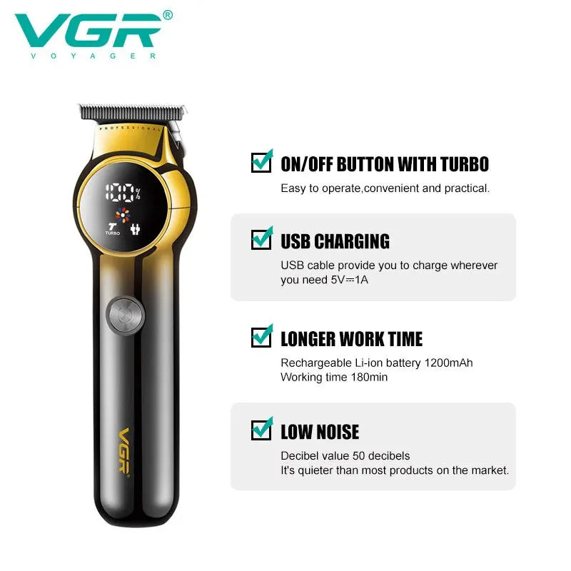 VGR 989 Men's Hair Clipper Gradient Color Body Hair Trimmer USB Dual Use Pusher Powerful LED Intelligent Digital Display Pusher Peaceful Pleasures Health and Wellness