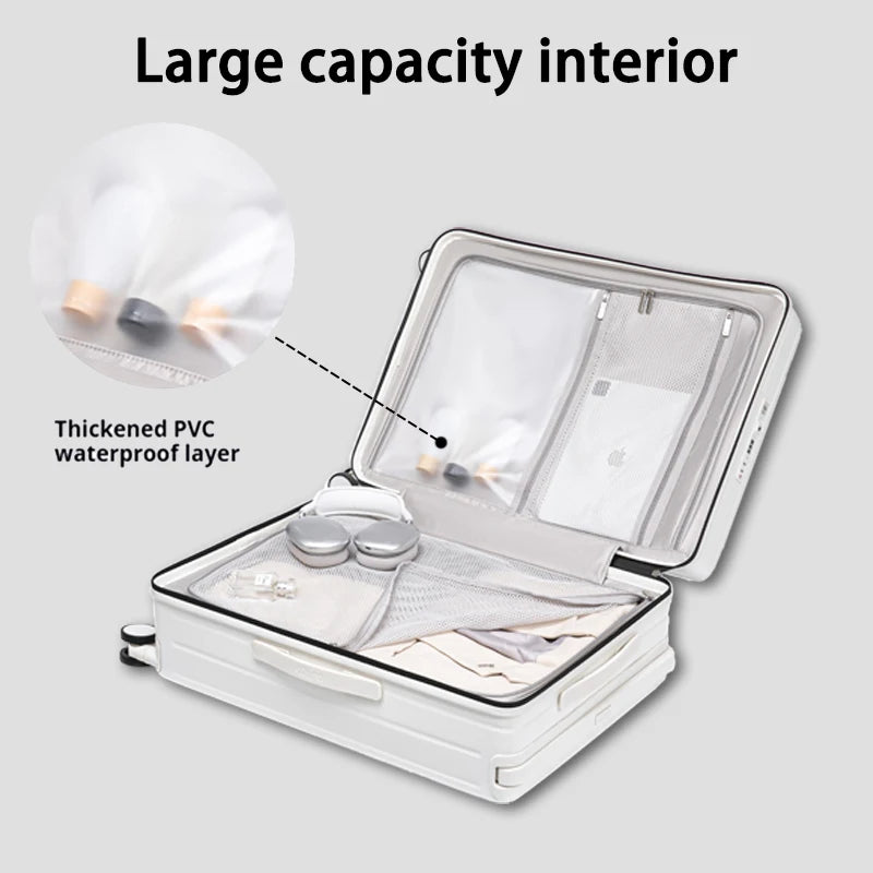 Front Opening Suitcase Widen Trolley Rolling High-Capacity Travel Luggage with Wheel and USB Charging Carry-on Boarding Suitcase Peaceful Pleasures Health and Wellness
