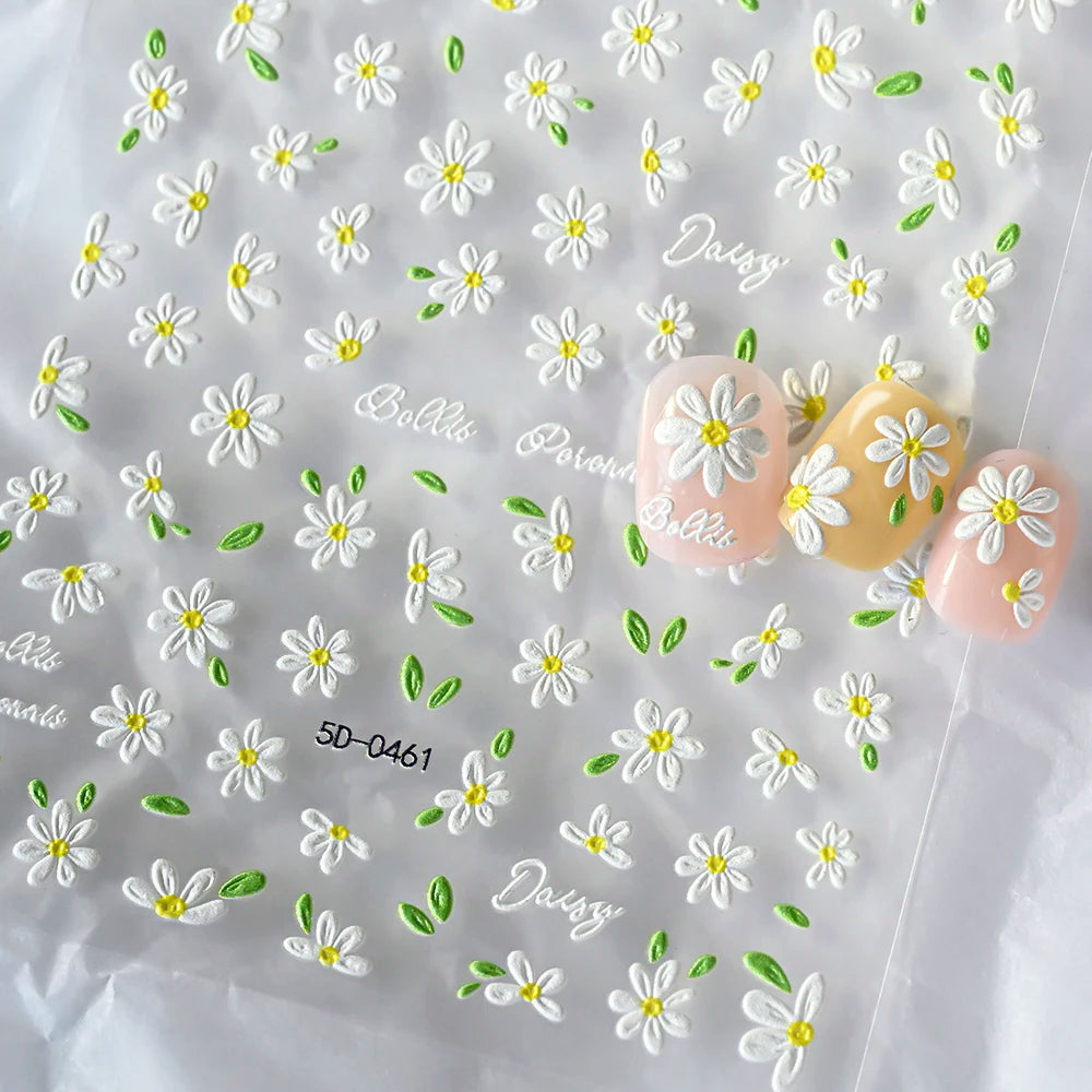 5D Embossed Daisy Nail Art Stickers – Spring Floral Decals 2pc
