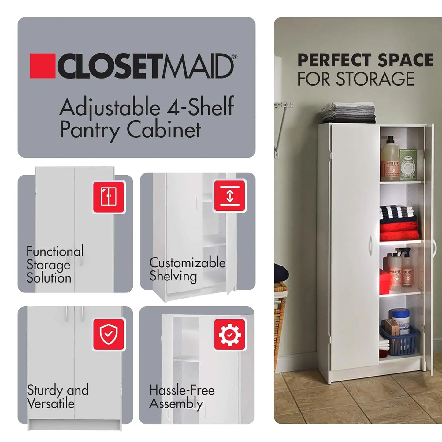 Closetmaid adjustable 4-shelf pantry cabinet with features and product image.