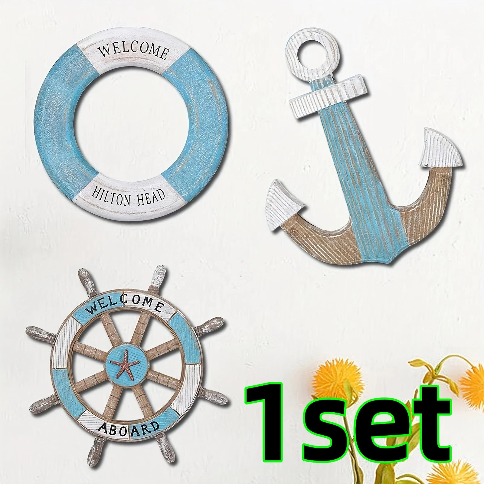 1 Set of Nautical-Themed Home Decor Wooden Anchors, Helms, and Lifebuoys Ocean-Themed Wall Hanging Decorations Indoor Nautical Decor Can Be Used for Wall Decoration at Outdoor Parties and Yard Gatherings Peaceful Pleasures Health and Wellness 1 Set